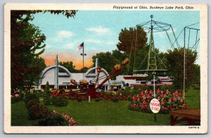 Buckeye Lake Park~Playground of Ohio Amusement~Octopus Ride~Planes~1948 Linen