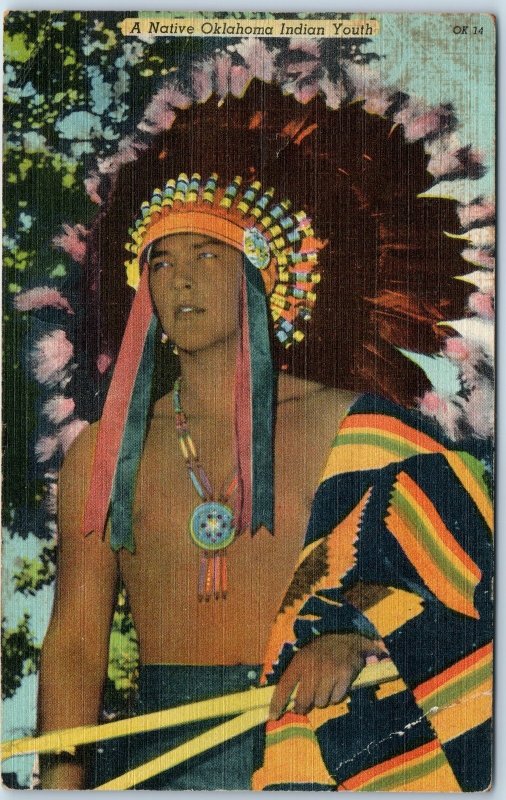 c1940s OK Native American Indian Youth Linen Postcard Traditional Headdress A89
