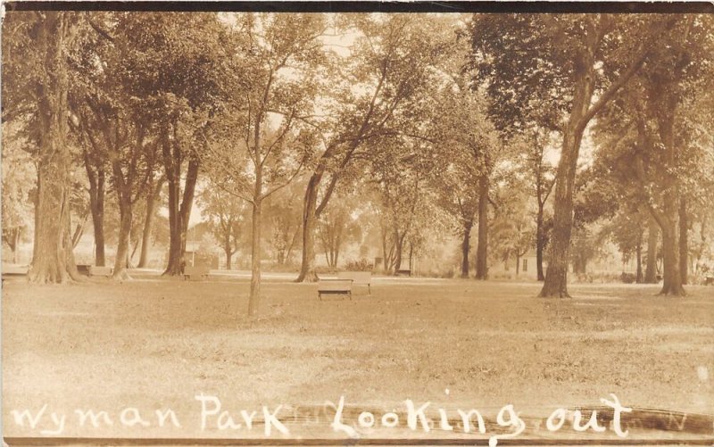 J52/ Sullivan Illinois RPPC Postcard c1910 Wyman Park Bench Scene 349