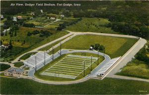 Linen Postcard Air View Dodger Field Football Stadium, Fort Dodge IA Webster Co.