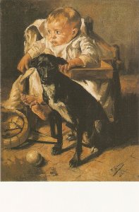 F.Gimeno. Little girl with her companion Moden Spanish, fine painting, postc