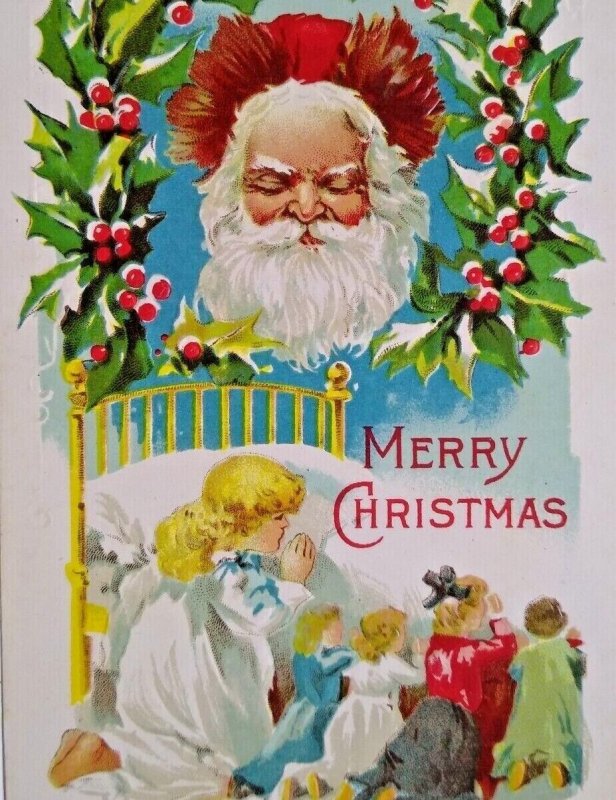 Santa Claus Postcard Christmas Saint Nick Looks Down At Children Praying Unused 