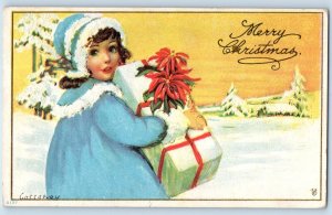 Christmas Child Girl With Gift Poinsettia Flowers Winter Scene Bruno NE Postcard