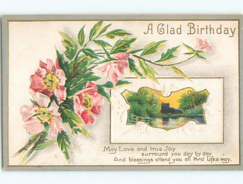 Pre-Linen PEACEFUL LAKE SCENE WITH PINK FLOWERS k4740