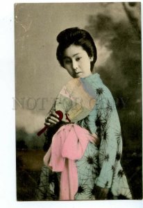 497173 Japan geisha girl in kimono with fan Vintage tinted postcard