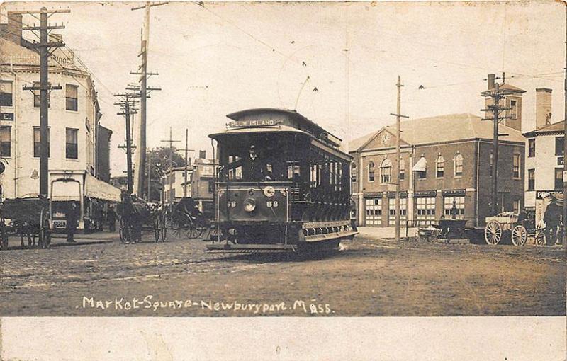 Newburyport MA Market Square Storefronts Trolley #68 RPPC Postcard