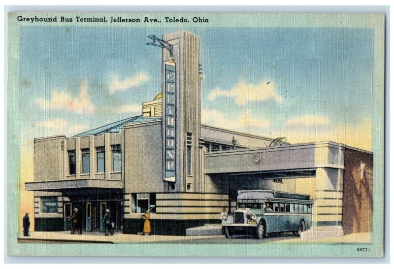 c1940 Greyhound Bus Terminal Jefferson Avenue Exterior View Toledo Ohio Postcard