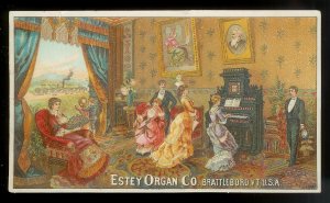 VICTORIAN TRADE CARD Estey Organ Fancy Men & Ladies in Parlor Lady Playing Organ