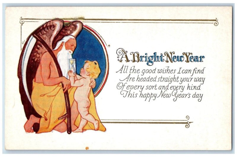 c1910's New Year Old Man Little Boy Holding Hourglass Embossed Antique Postcard
