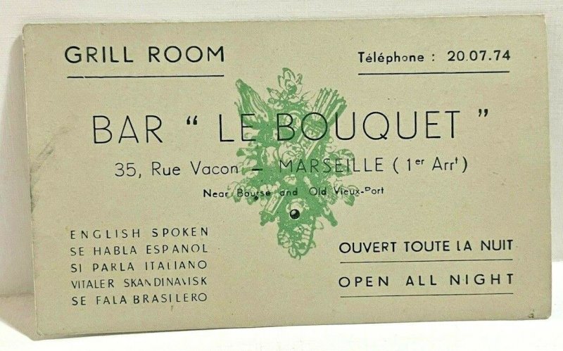 Le Bouquet Bar Grill Marseille France Business Card Ad w/ Map Cap Janet