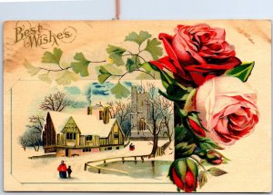 VINTAGE POSTCARD BEST WISHES GREETINGS WINTER SCENE RED ROSES CHARLESTON IL 1913