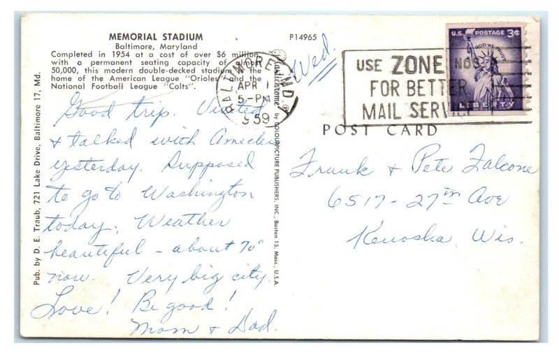 BALTIMORE, MD Maryland ~ 1959 MEMORIAL STADIUM Colts & Orioles Postcard