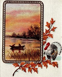 c1910 THANKSGIVING GREETINGS TURKEY LEAVES BOAT LAKE EMBOSSED POSTCARD 20-179