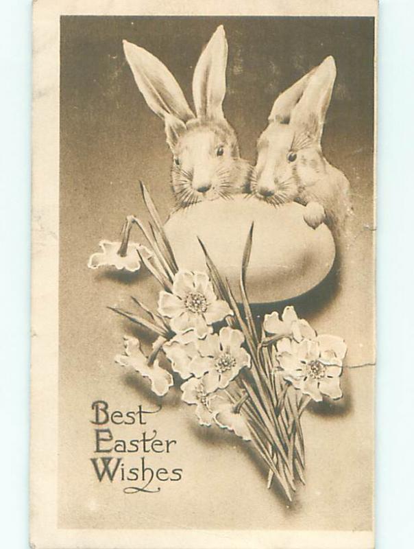 Edge Tear 1911 easter BUNNY RABBITS HIDING BEHIND LARGE EGG hr2278