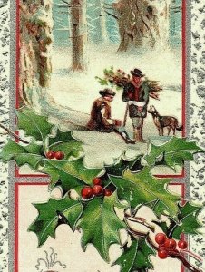 Raphael Tuck Embossed Folder Christmas Card Men Woods Snow Dog Holly 7E