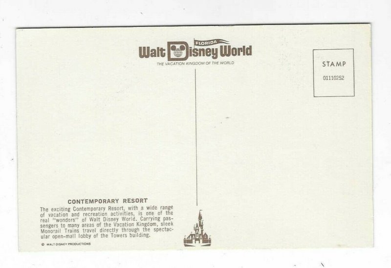 VTG postcard, Contemporary Resort, Walt Disney World, Florida