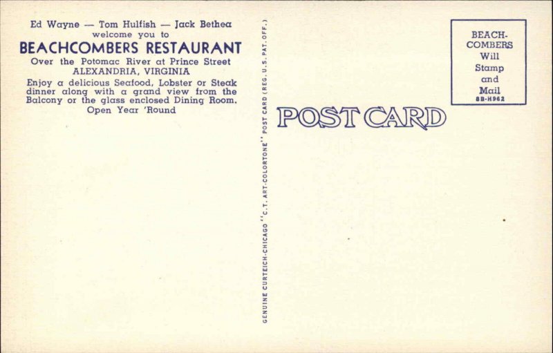 Alexandria Virginia VA Beachcombers Restaurant Linen Vintage Postcard