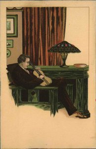 P. Schmidt Art Deco Advertising Series Man Guitar Tiffany Style Lamp Postcard