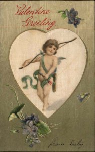 Winsch Art Nouveau Valentine Cupid with Arrow Real Silk Heart c1910 Postcard