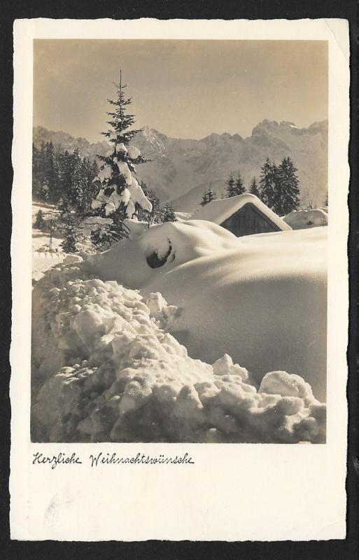 Warm christmas wishes Snow Scene RPPC Used c1935