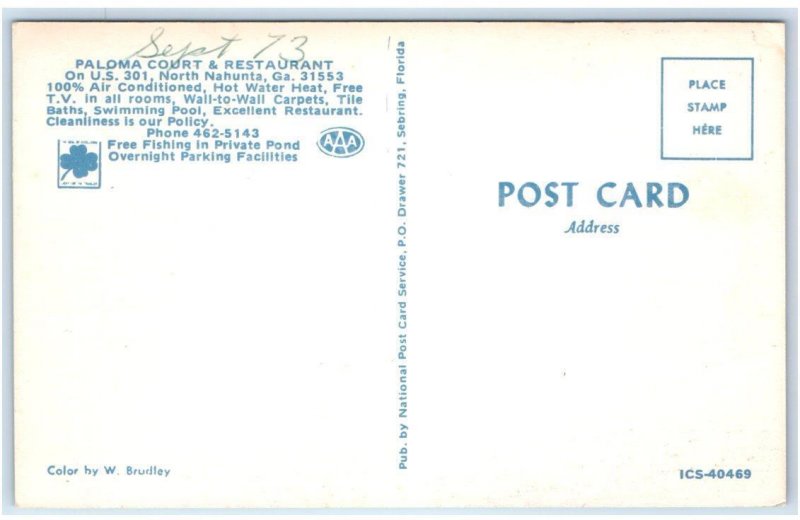 NORTH NAHUNTA, GA ~ Roadside PALOMA COURT & RESTAURANT c1960s Postcard
