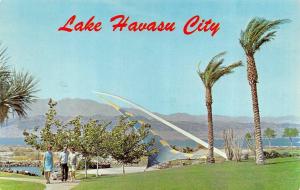 LAKE HAVASU CITY, AZ Arizona   WALKING IN PARK~Sail Sun Shade?  Chome Postcard