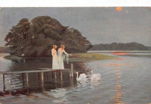 A147 Painting Danish Girls Feed Swans Moonlight signed H Slott Moller postcard