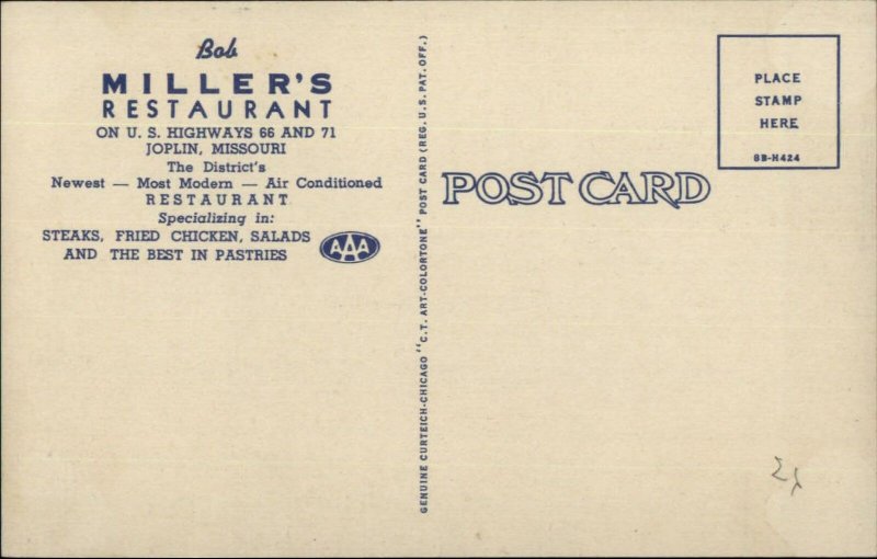 Joplin MO Bob Miller's Restaurant NICE LINEN ADVERTISING Postcard Art Deco