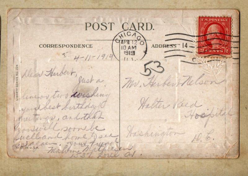 Postcard Dear Soldier Boy Birthday Greeting Liberty Series No. 224, 1919