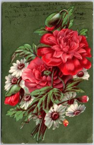 1909 Flower Bouquet Roses Daisies Greetings and Wishes Card Posted Postcard