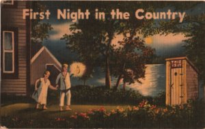 outhouse postcard: First Night In the Country