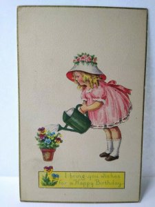 Birthday Postcard Girl Pink Dress Flowers Watering Can Stecher Series 924 A   