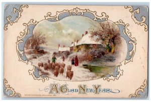 c1910's New Year People Lamb Winter Snow John Winsch Artist Signed Postcard 