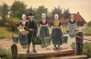 Ethnography topical vintage fine art postcard wood shoe water carriers woman