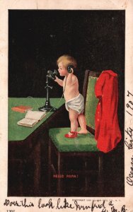 Vintage Postcard 1907 Cute Baby Trying To Call His Father Hello Papa Comic Card