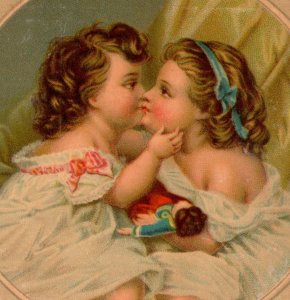 1880s Victorian Christmas Greeting Trade Card Children & Doll #2 Fab! #7A