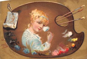 Approx. Size: 2.75 x 4 Girl powdering her face  Late 1800's Tradecard Non  