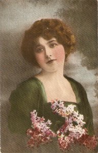 Pretty lady. With flowers Old vintage antique postcard