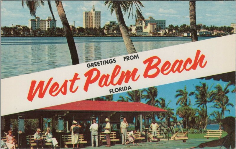 Greetings from West Palm Beach banner Florida downtown people park postcard E730 