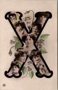 Hand Colored Real Photo Postcard Large Letter X Filled with Women's Faces