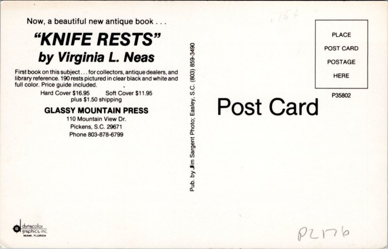 Postcard SC Pickens ADVERT - Knife Rests Virginia Ness Glassy Mountain Press