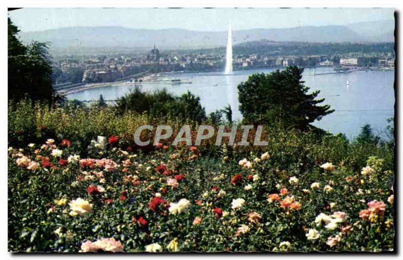 Old Postcard Geneva Lake Jet d & # 39Eau and the City Since the Coteau de Col...