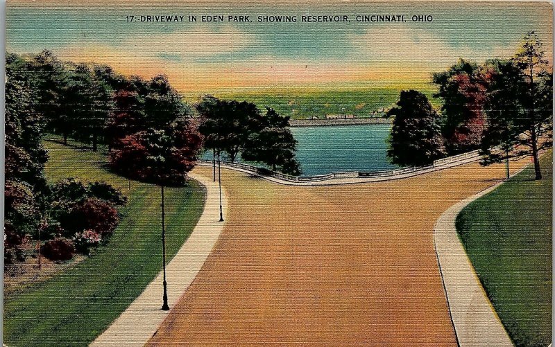 CINCINNATI OHIO EDEN PARK RESERVOIR DRIVEWAY KRAEMER ART CO LINEN POSTCARD 29-42