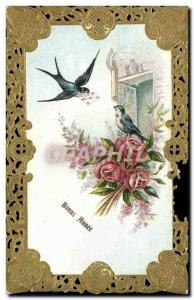 Old Postcard Fancy Embroidery Flowers Swallow