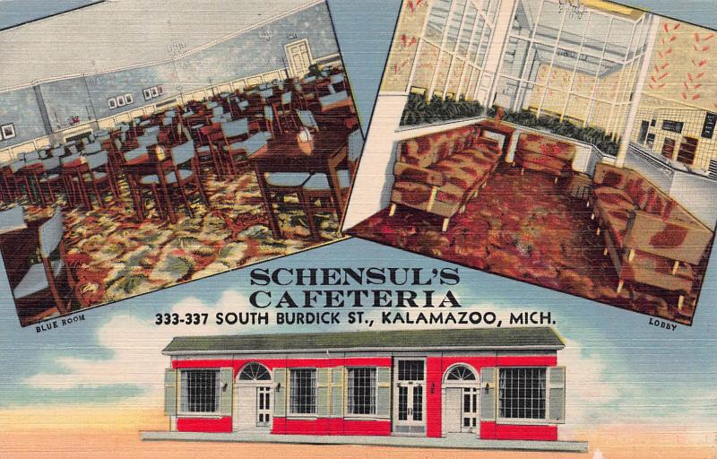 Schensul's Cafeteria, Kalamazoo, Michigan, Early Linen Postcard, Unused