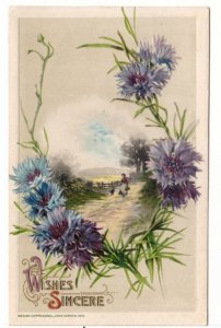 Wishes Sincere, Flowers, Rural Scene, Antique 1910 John Winsch Greeting Postcard