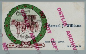 c1910 RFD Mailman CHRISTMAS CARD Samuel J. Williams USPS Post Office MAIL
