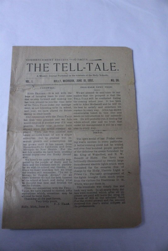 Vintage 1897 The Tell Tale Weekly Journal Paper Holly, MI 16 Pages