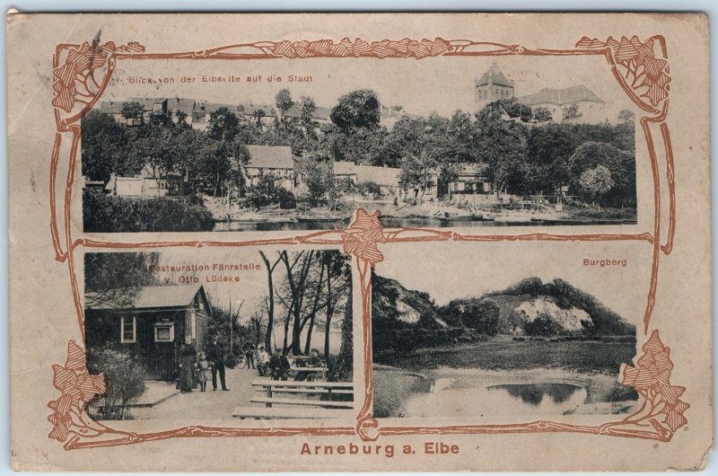 c1910s Arneburg Elbe River Multi View Postcard Restaurant Castle Hill Town A38