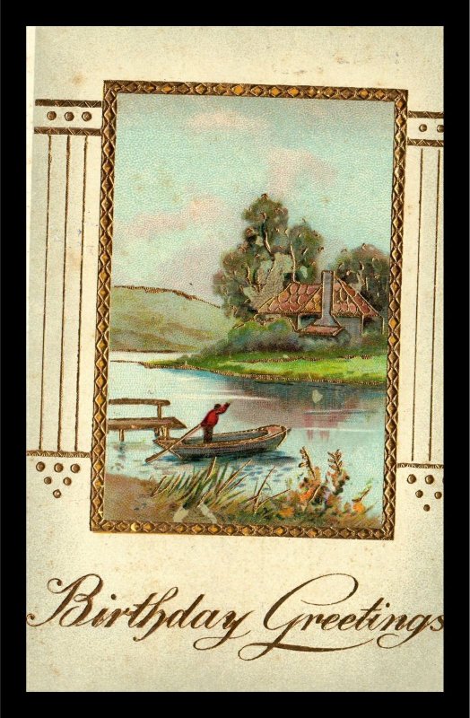 1911 Birthday Lake Boating Cabin Mountains Dock Embossed Postcard 269 